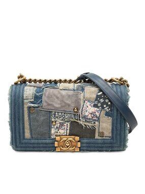 Chanel CC Logo Boy 25 Chain Shoulder Bag Patchwork Indigo Blue Denim